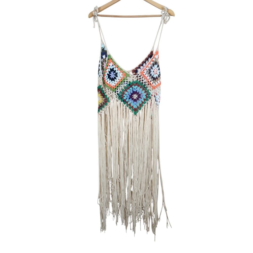 Shein 2X Crochet Festival Open Knit Tank Top Long Fringe Boho Granny Square Plus - Picture 2 of 9
